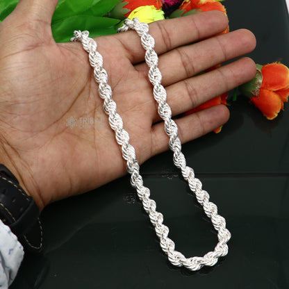 Sterling silver handmade 20/24-inch heavy 8mm rope chain necklace, bright silver men's jewelry, trendy style by Tribal Ornaments.