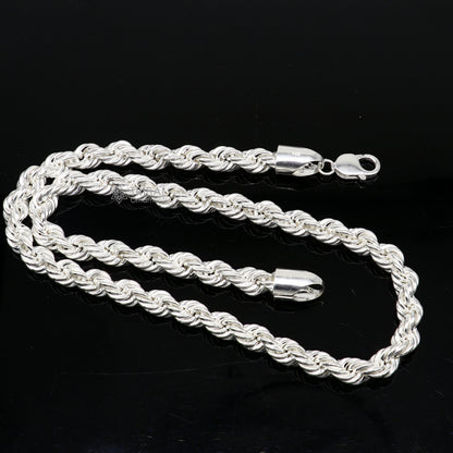 Sterling silver 20/24-inch heavy 8mm handmade rope chain necklace with bright silver finish, trendy style for men.