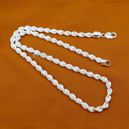925 sterling silver heavy single rope chain necklace by Tribal Ornaments, featuring a plain bright silver trendy men's chain.