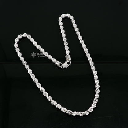 925 sterling silver heavy single rope chain necklace, plain bright silver men's chain with trendy style and handcrafted design.