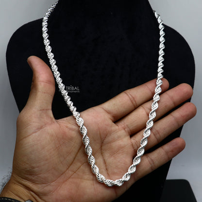 Sterling silver heavy single rope chain necklace by Tribal Ornaments, plain bright silver men's chain with trendy style.