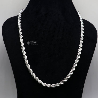 925 sterling silver heavy single rope chain necklace for men, featuring a bright, trendy, plain silver design by TRIBAL ORNAMENTS.