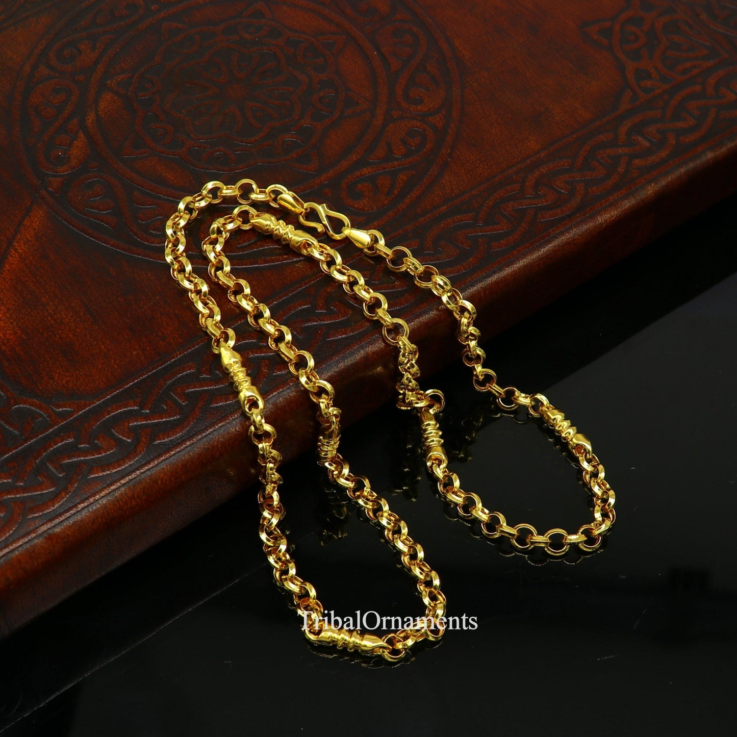 22K yellow gold handmade Rolo cable link chain necklace, 5mm unisex Indian jewelry by TRIBAL ORNAMENTS.