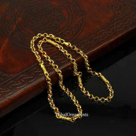 22K yellow gold handmade Rolo cable link chain necklace, 5mm unisex Indian jewelry by TRIBAL ORNAMENTS.