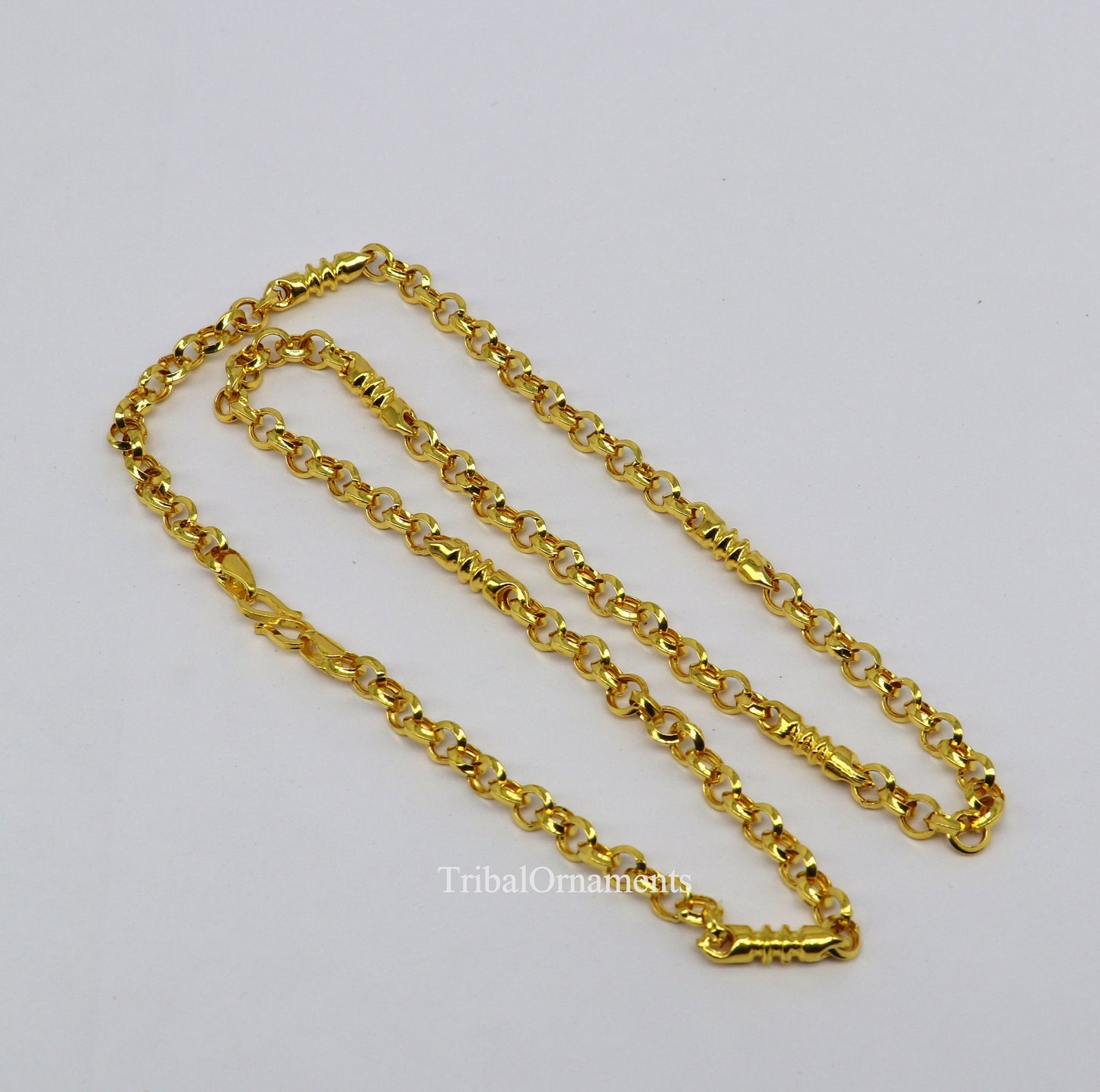 22K yellow gold handmade Rolo cable link chain necklace, 5mm unisex royal Indian jewelry by TRIBAL ORNAMENTS.