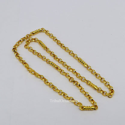 22K yellow gold handmade Rolo cable link chain necklace, 5mm unisex royal Indian jewelry by TRIBAL ORNAMENTS.
