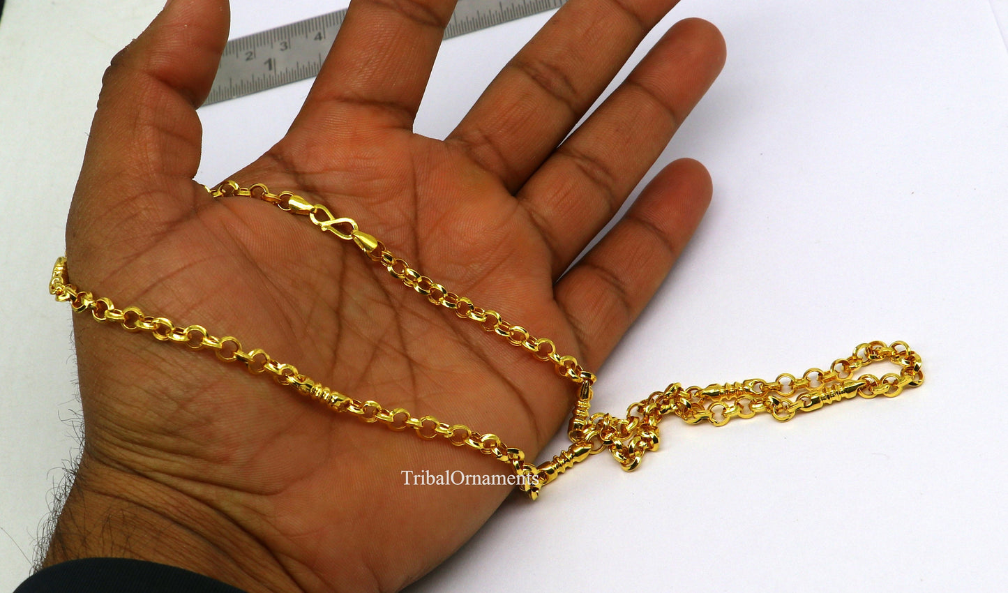 22K yellow gold handmade Rolo cable link chain necklace, 5mm width, unisex Indian jewelry by TRIBAL ORNAMENTS.