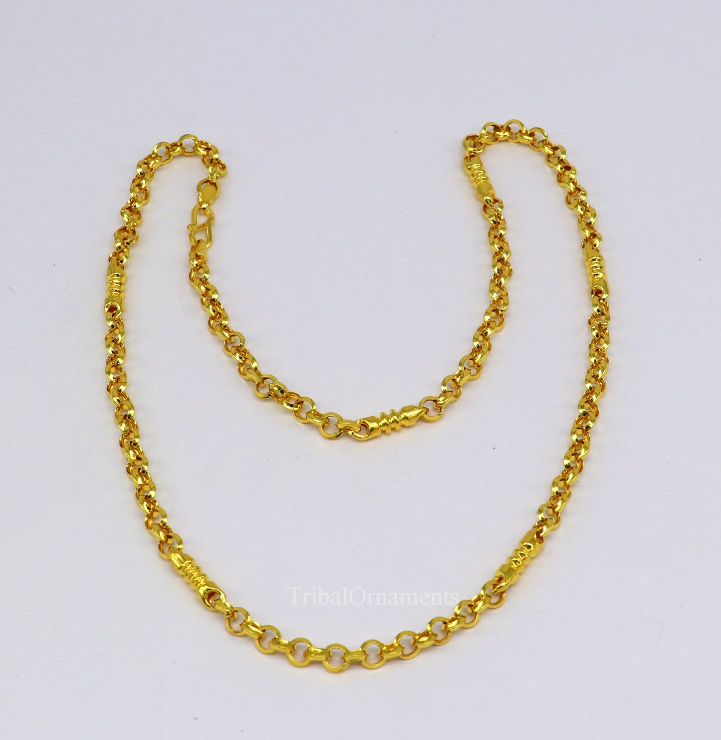 22K yellow gold handmade Rolo cable link chain necklace, 5mm unisex Indian jewelry by TRIBAL ORNAMENTS.