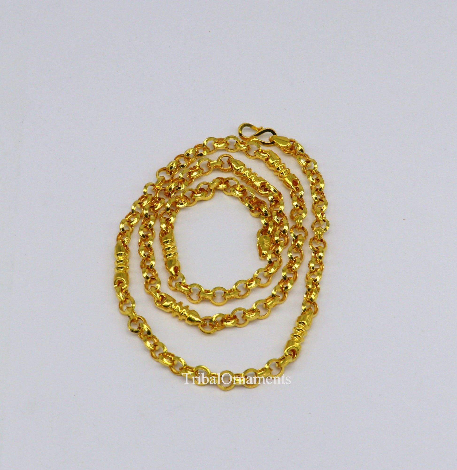 22K yellow gold handmade Rolo cable link chain necklace, 5mm unisex royal Indian jewelry by TRIBAL ORNAMENTS.