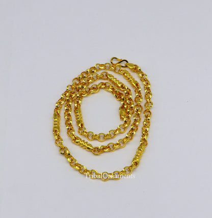 22K yellow gold handmade Rolo cable link chain necklace, 5mm unisex royal Indian jewelry by TRIBAL ORNAMENTS.