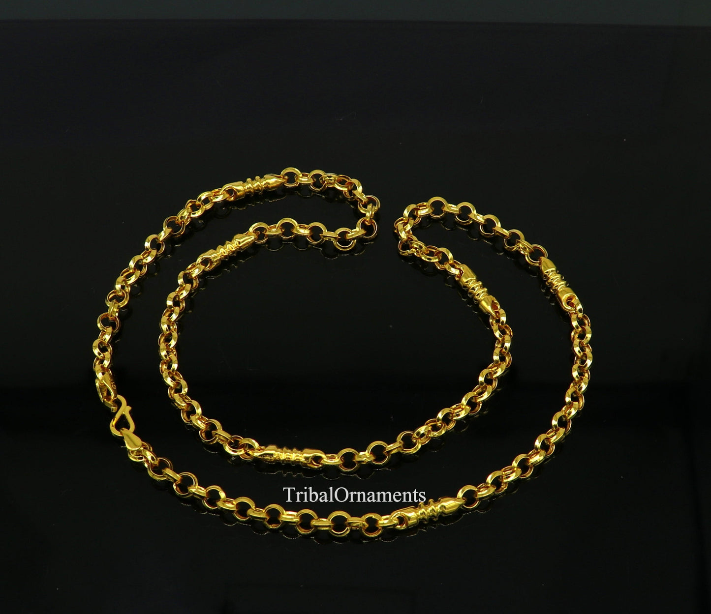 22K yellow gold handmade Rolo cable link chain necklace, 5mm unisex Indian jewelry by TRIBAL ORNAMENTS.