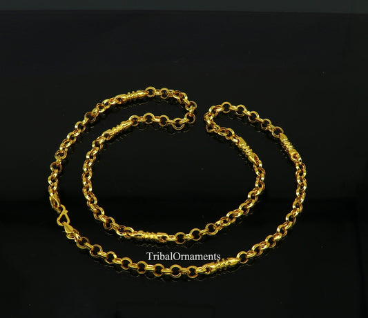 22K yellow gold handmade Rolo cable link chain necklace, 5mm unisex Indian jewelry by TRIBAL ORNAMENTS.