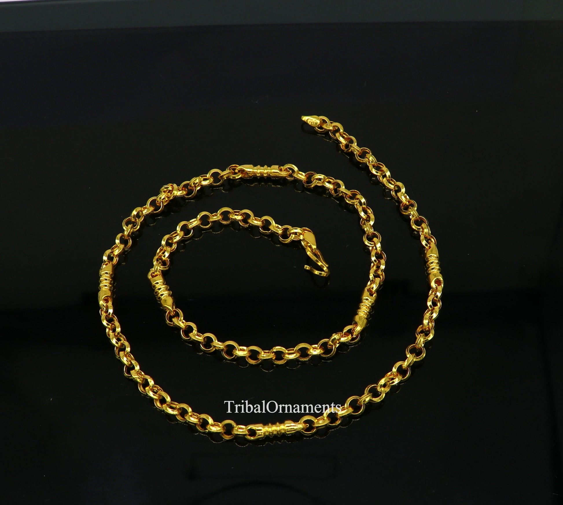22K yellow gold handmade Rolo cable chain necklace, 5mm unisex gold jewelry with intricate Indian-inspired design by TRIBAL ORNAMENTS.