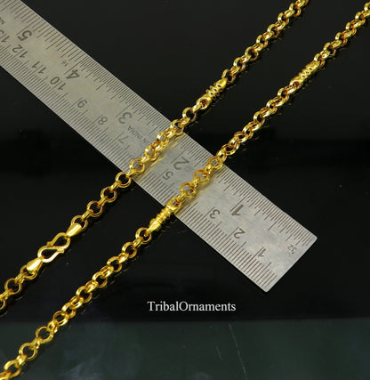 22K yellow gold handmade Rolo cable link chain necklace, 5mm unisex Indian jewelry by TRIBAL ORNAMENTS, customized gold chain.