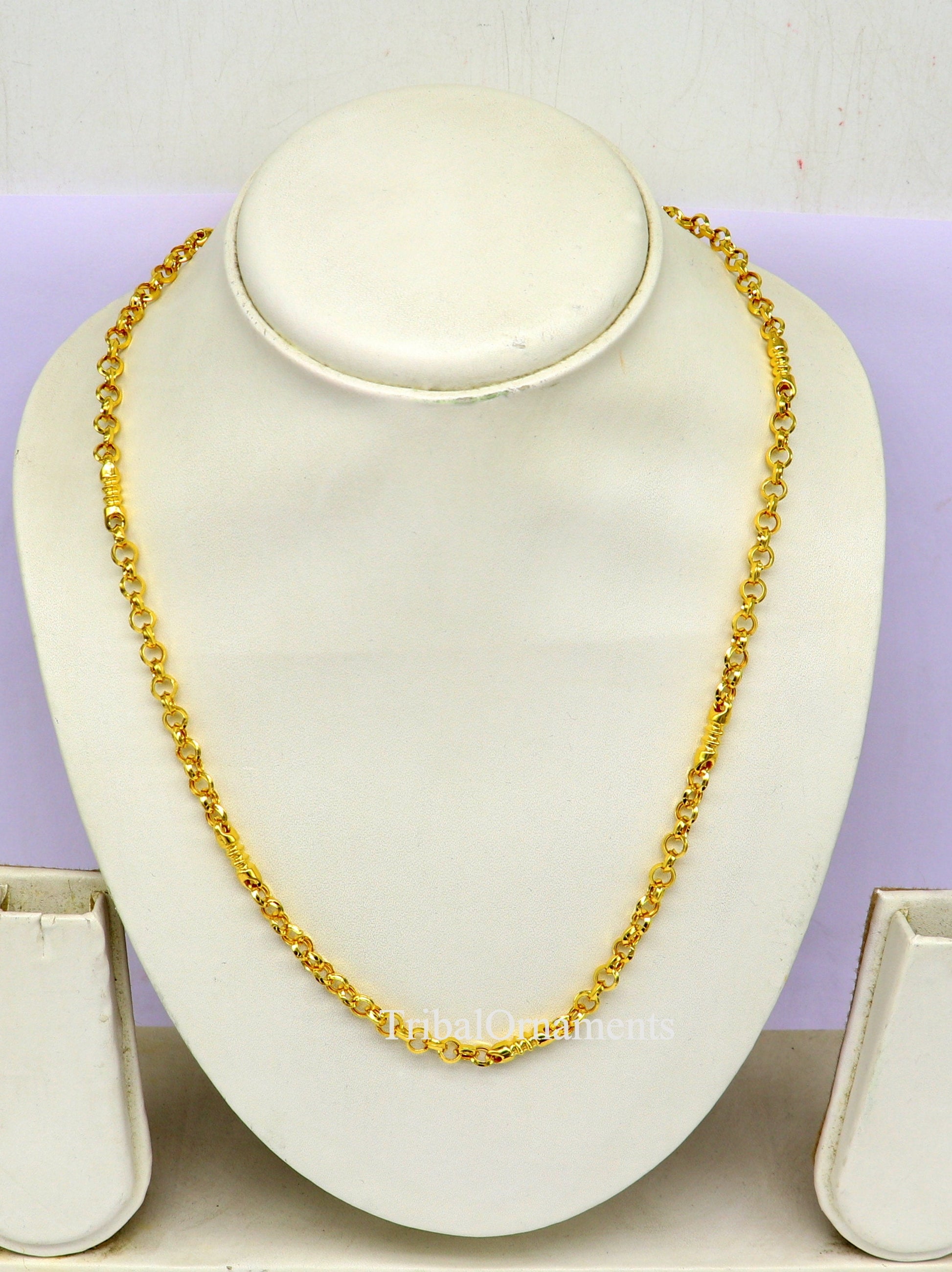 22K yellow gold handmade Rolo cable link chain necklace, 5mm unisex Indian jewelry by TRIBAL ORNAMENTS