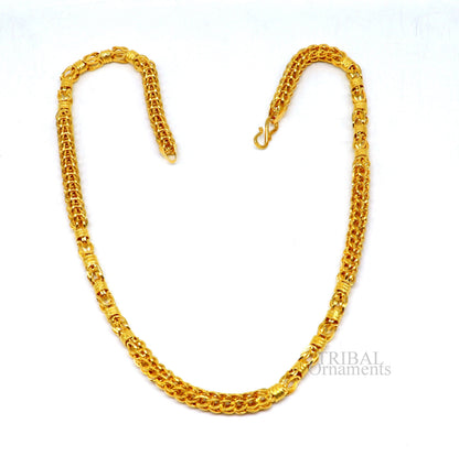 22kt yellow gold handmade Byzantine chain necklace by Tribal Ornaments, unisex with hallmarked detail, showcasing intricate craftsmanship.