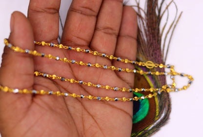 22KT yellow gold handmade mala chain with diamond cut beads and black stone beads, 24-inch unisex necklace, hallmarked 916.