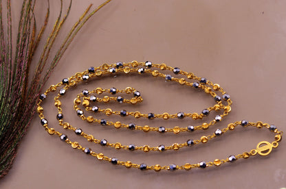 22KT yellow gold handmade diamond cut mala chain with black stone beads, unisex 24-inch necklace, hallmarked by TRIBAL ORNAMENTS.