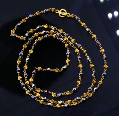 22KT yellow gold handmade mala chain with diamond-cut beads and black stone beads, unisex 24-inch necklace by Tribal Ornaments.