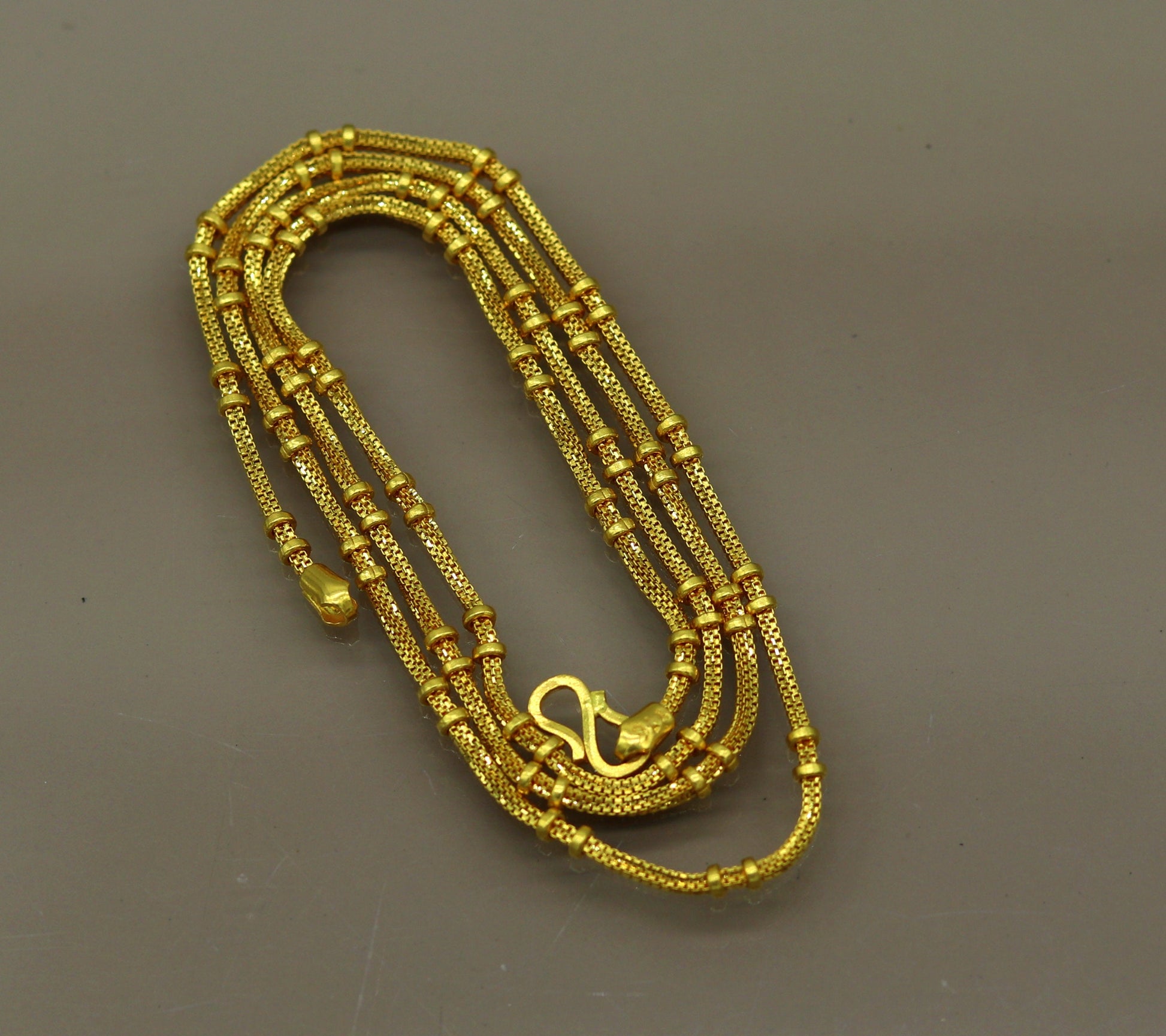 22KT yellow gold handmade solid box chain necklace, unisex design with 916 hallmark, personalized jewelry from India.
