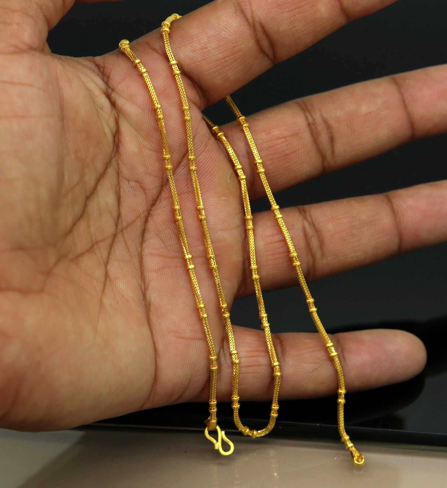22KT yellow gold handmade solid box chain necklace, unisex design, hallmarked 916, personalized jewelry from India.