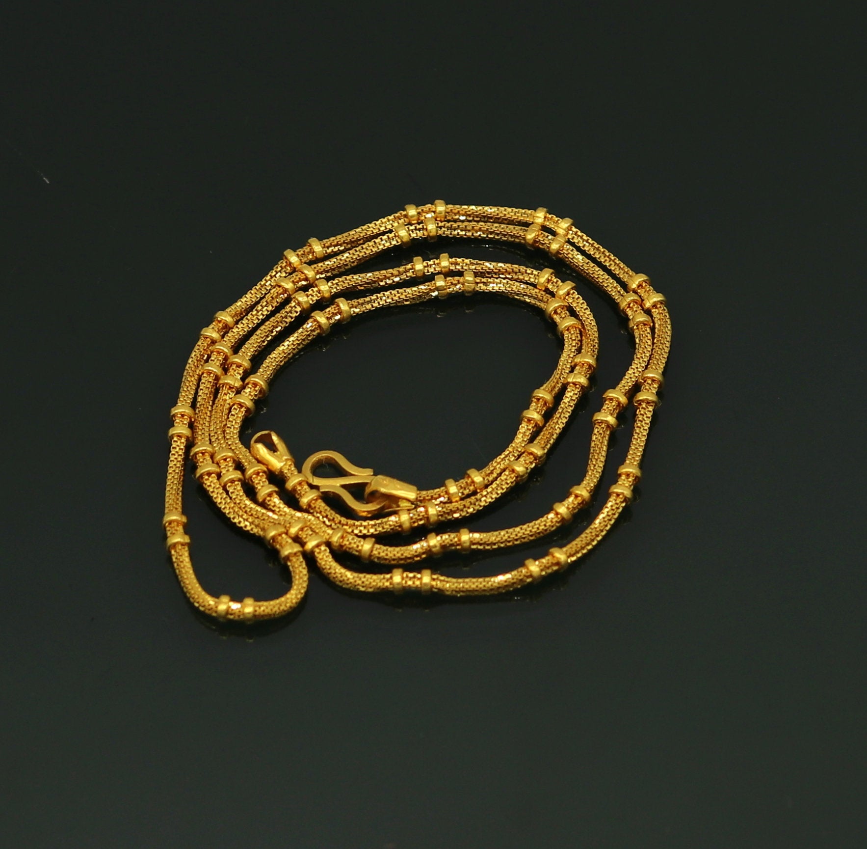 22KT yellow gold handmade solid box chain necklace with customized design, unisex jewelry, hallmarked 916, from Tribal Ornaments.