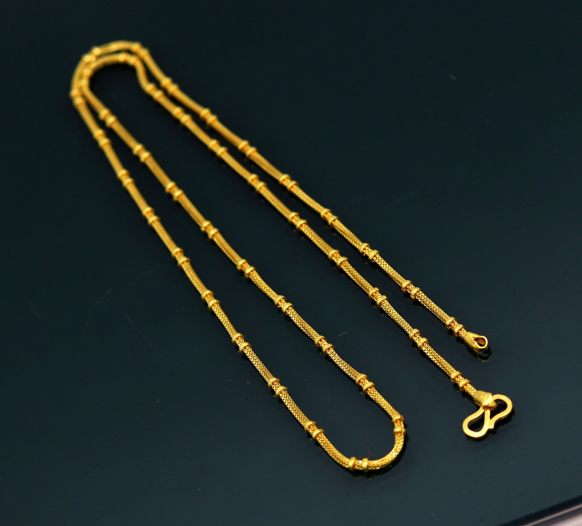 22KT yellow gold handmade solid box chain necklace, unisex jewelry with customized design and 916 hallmarked from India.