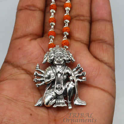 925 sterling silver Lord Panchmukhi Hanuman pendant with five faces, handmade divine jewelry for protection from negative energy.