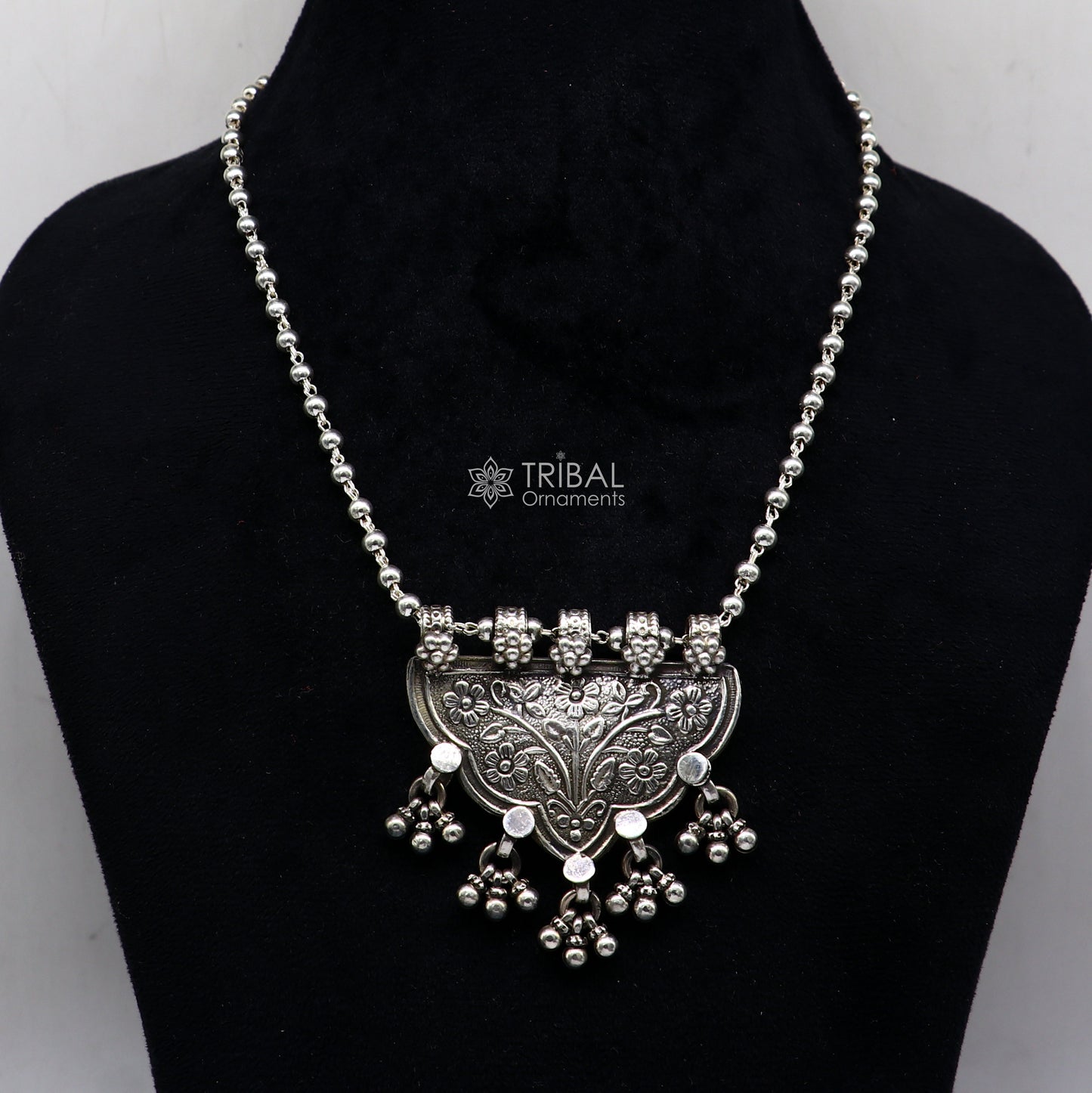 Sterling silver handmade Indian tribal long necklace with intricate traditional design, ethnic jewelry for women.
