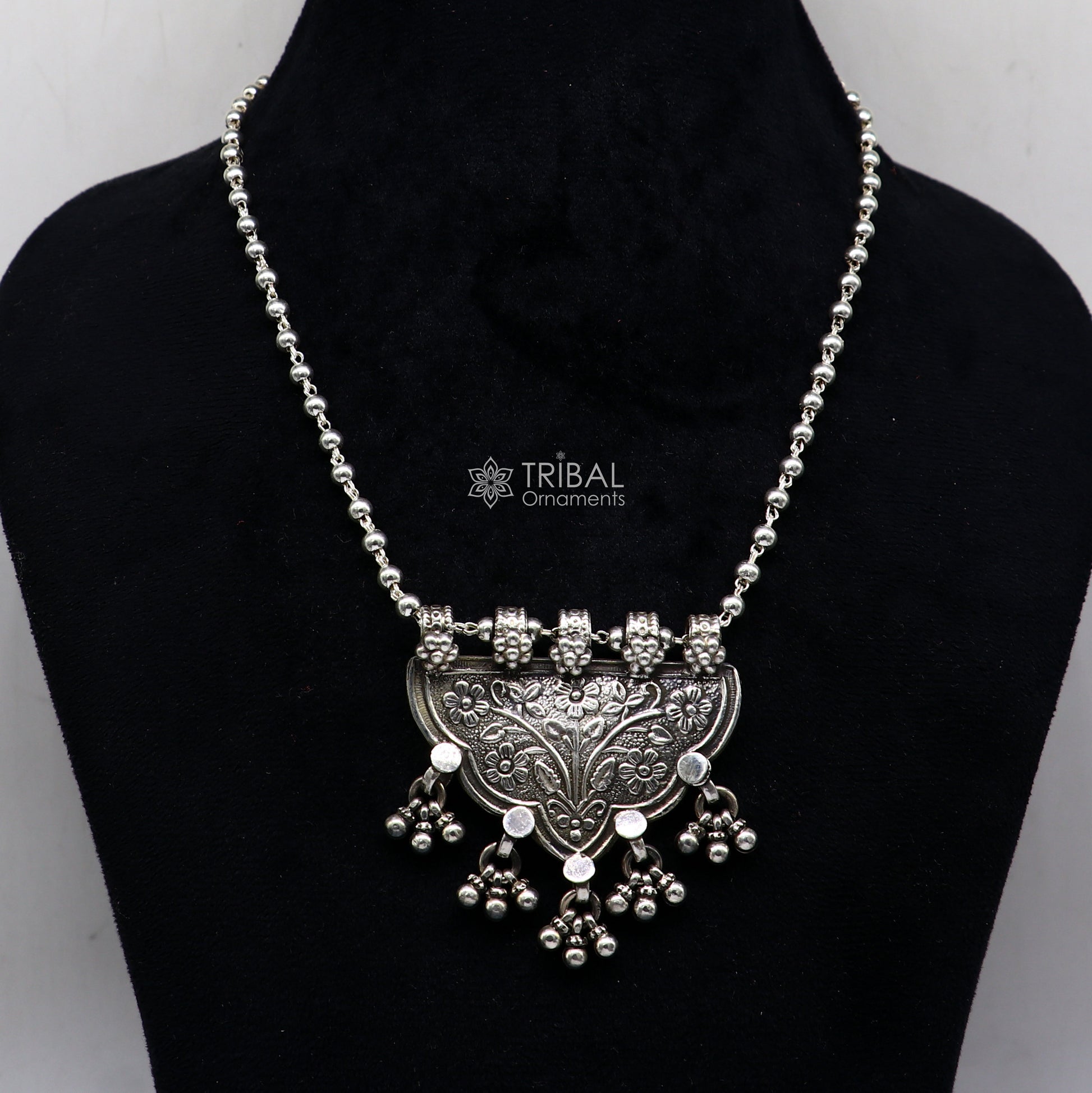 Sterling silver handmade Indian tribal long necklace with intricate traditional design, ethnic jewelry for women.