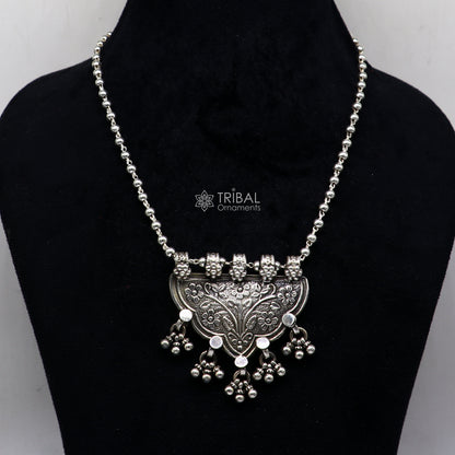 Sterling silver handmade Indian tribal long necklace with intricate traditional design, ethnic jewelry for women.