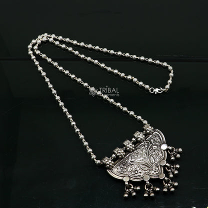 Delicate handmade Indian tribal sterling silver long necklace featuring traditional cultural design, stylish ethnic jewelry for women