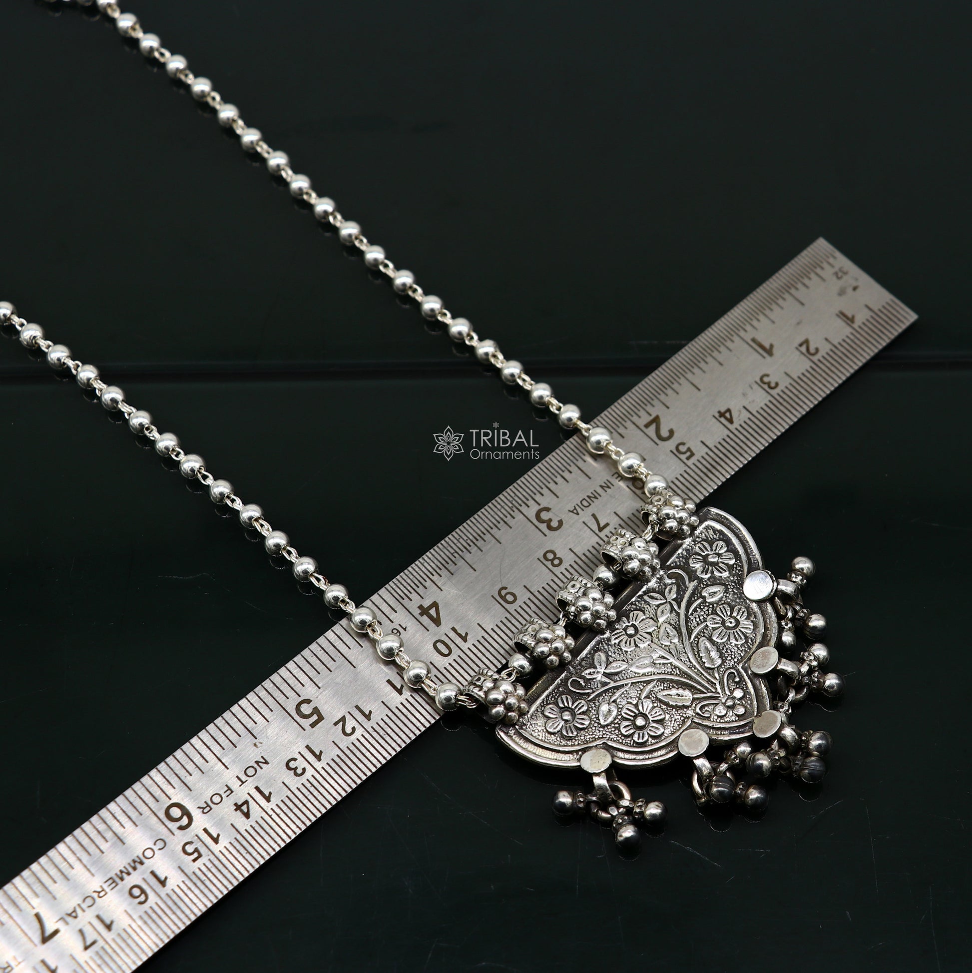Handmade Indian tribal silver necklace, delicate long traditional cultural jewelry piece with tribal ethnic design for women.