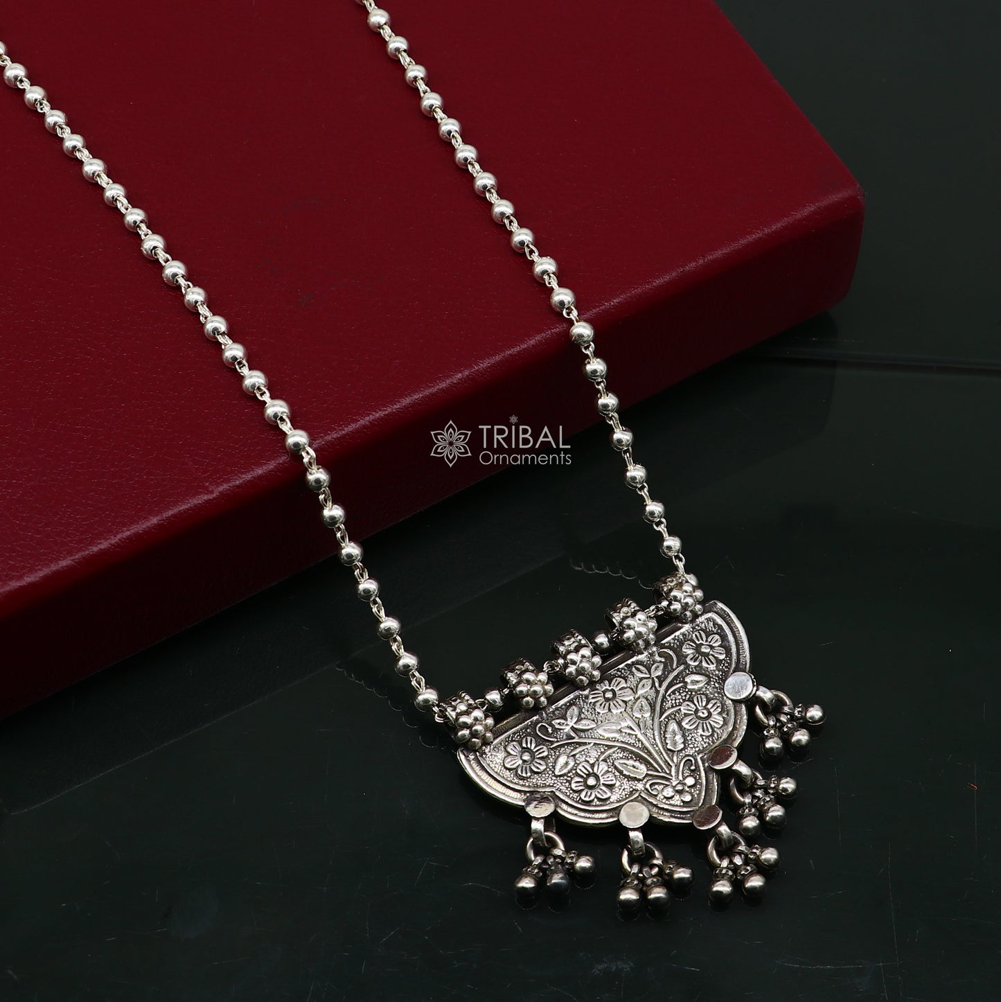 Delicate handmade Indian tribal silver necklace featuring traditional cultural design, long and trendy ethnic jewelry for women.