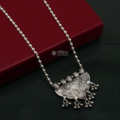 Delicate handmade Indian tribal silver necklace featuring traditional cultural design, long and trendy ethnic jewelry for women.