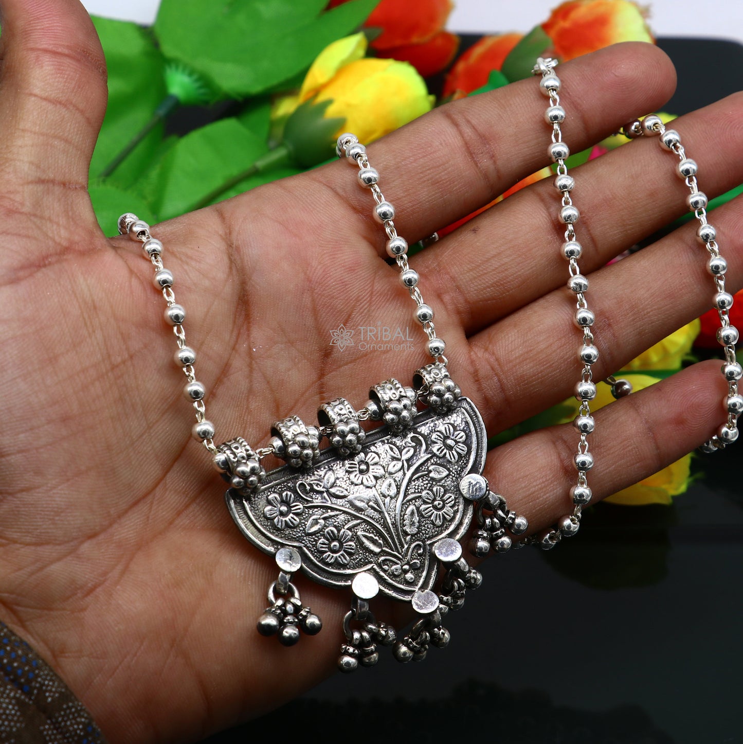 Delicate handmade Indian tribal silver necklace set featuring traditional cultural design and trendy ethnic jewelry style for women.