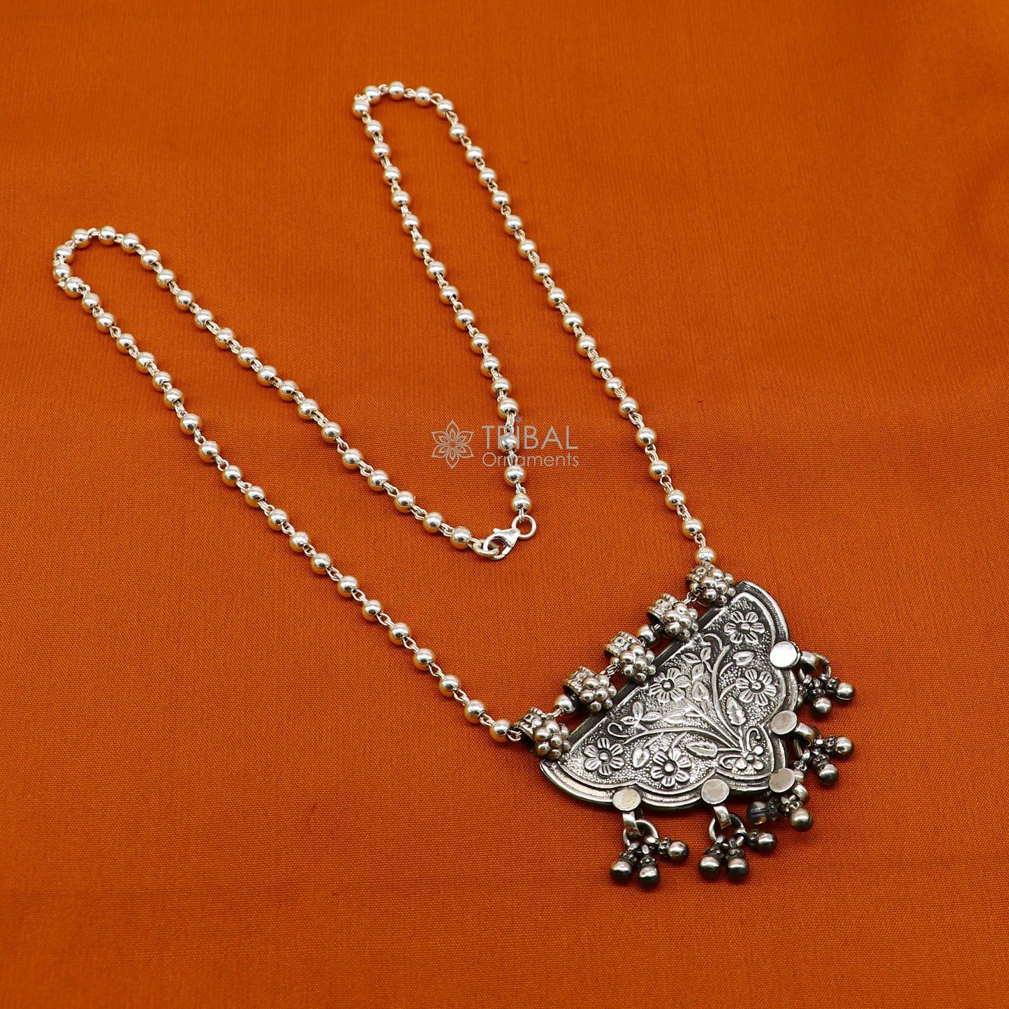 Sterling silver handmade Indian traditional long necklace with tribal ethnic design, delicate and trendy jewelry for women.