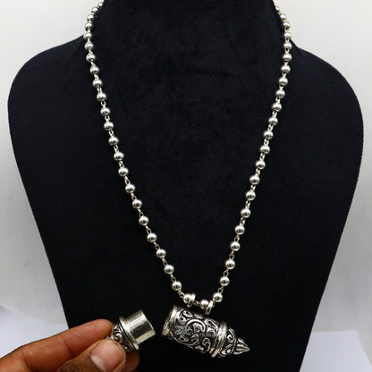 Sterling silver handmade Nakshai design pendant with mantra box, beaded tribal necklace, ethnic cultural jewelry set by TRIBAL ORNAMENTS