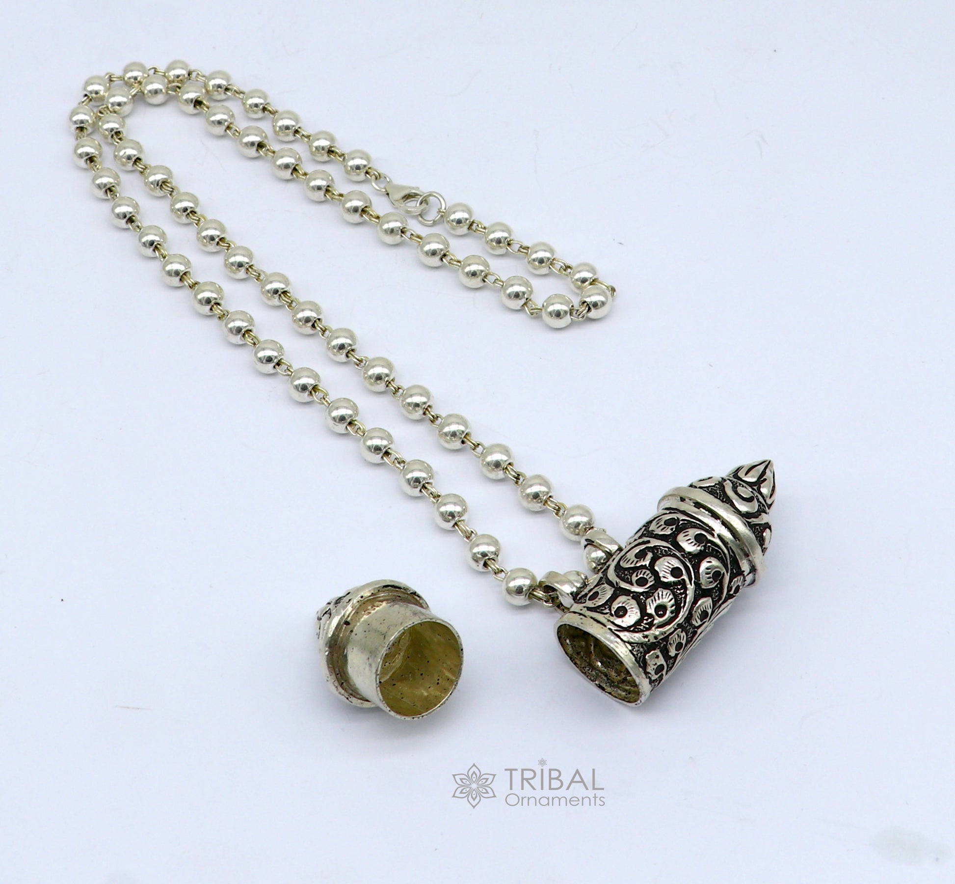 Sterling silver Nakshai design pendant amulet with beaded tribal necklace, handmade ethnic cultural jewelry set by TRIBAL ORNAMENTS