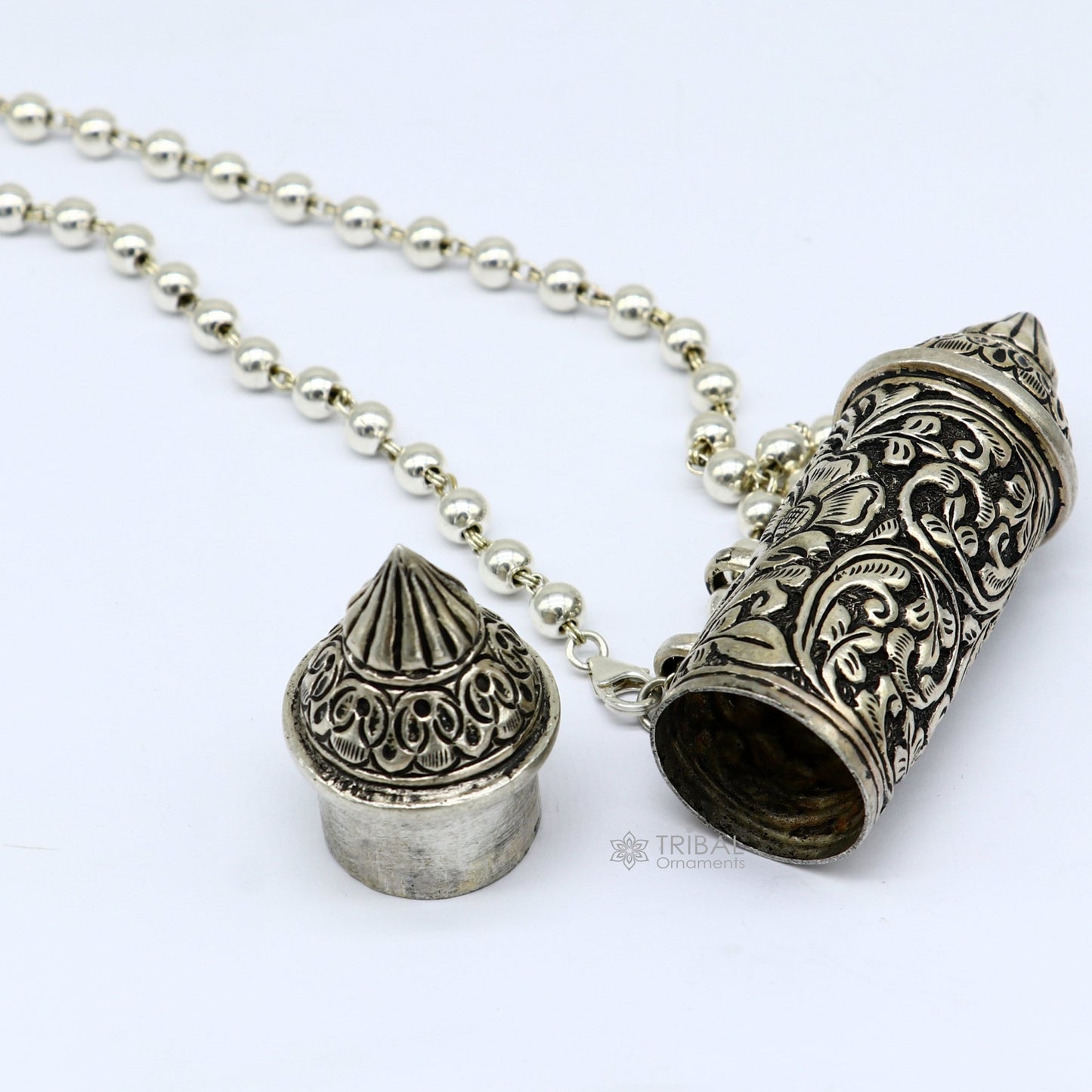 925 Sterling silver Nakshai design amulet mantra box pendant with beaded tribal necklace, ethnic cultural jewelry set by TRIBAL ORNAMENTS