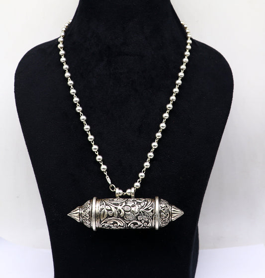 925 Sterling silver Nakshai design amulet pendant with mantra box and beaded tribal necklace, ethnic cultural jewelry set by TRIBAL ORNAMENTS