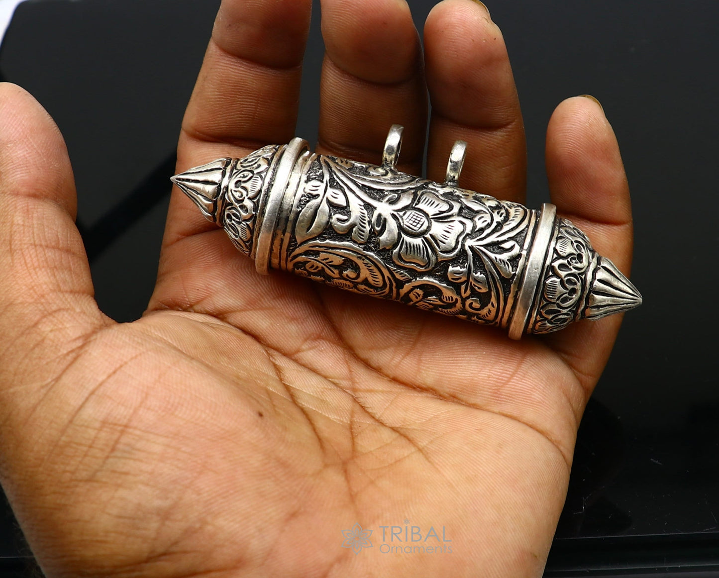 Sterling silver Nakshai design amulet pendant with mantra box and beaded tribal necklace, featuring ethnic cultural jewelry set.