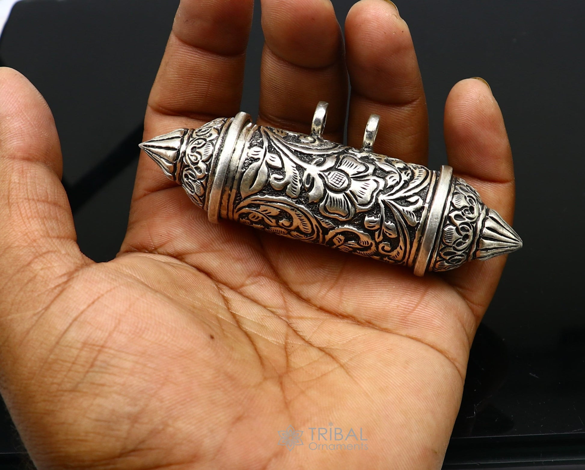 Sterling silver Nakshai design amulet pendant with mantra box and beaded tribal necklace, featuring ethnic cultural jewelry set.
