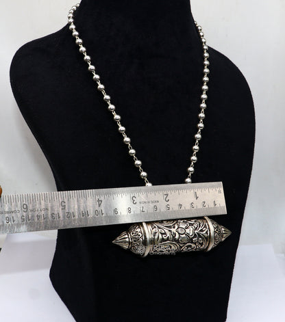 925 Sterling silver Nakshai design amulet pendant with mantra box and beaded necklace, tribal ethnic cultural jewelry set.