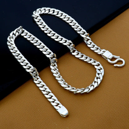 Men's heavy 8mm solid sterling silver chain necklace with stylish tribal design and oxidized finish, handmade tribal jewelry.