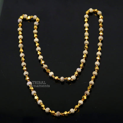 Sterling silver handmade basil rosary beads with wooden beads, silver chain, over gold-polished necklace, tribal ornament tulsi mala.