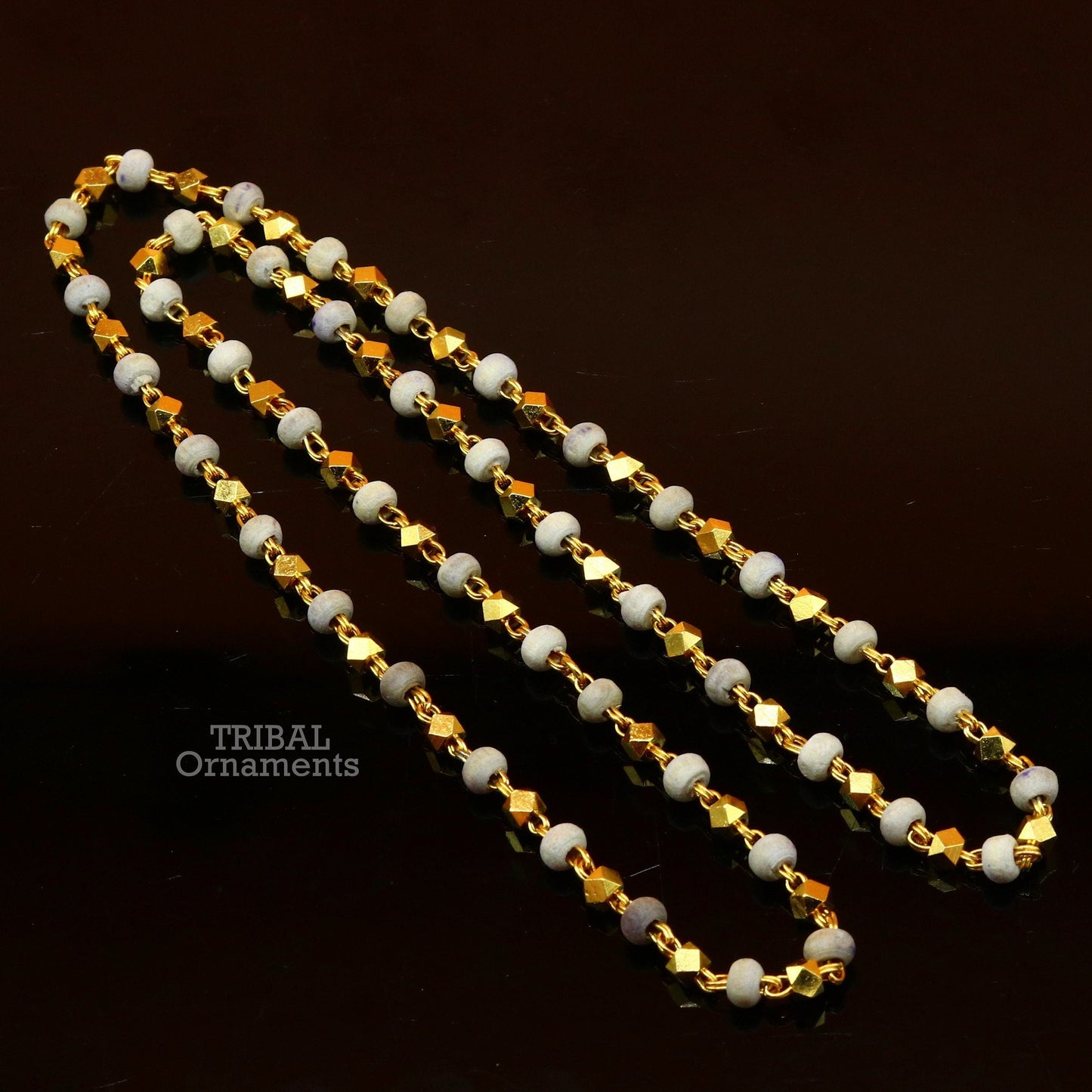 Sterling silver handmade wooden beads basil rosary beads silver chain over gold polished necklace, tulsi mala customized necklace ch160 - TRIBAL ORNAMENTS