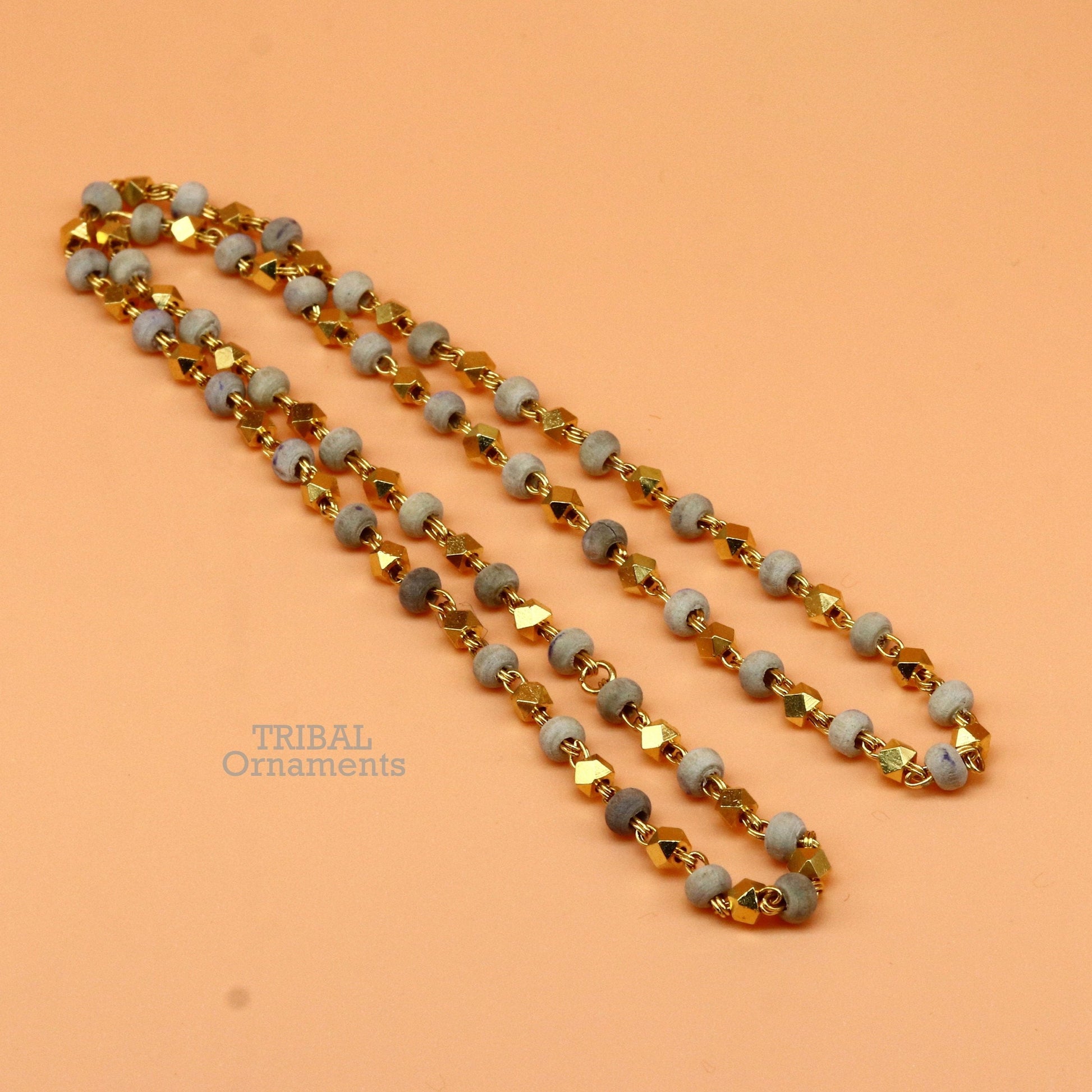 Sterling silver handmade wooden beads basil rosary beads silver chain over gold polished necklace, tulsi mala customized necklace ch160 - TRIBAL ORNAMENTS