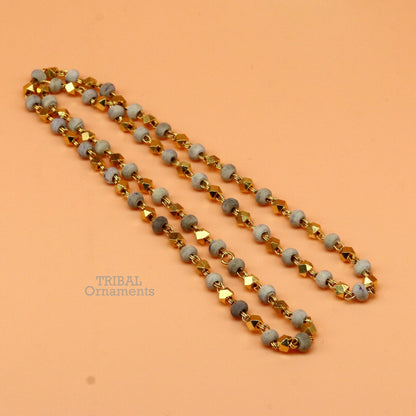 Sterling silver handmade wooden beads basil rosary beads on a silver chain over gold-polished necklace, tribal-inspired tulsi mala.
