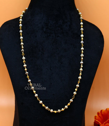 Sterling silver handmade wooden basil rosary beads with silver chain over gold-polished necklace, tribal-style Tulsi mala jewelry.